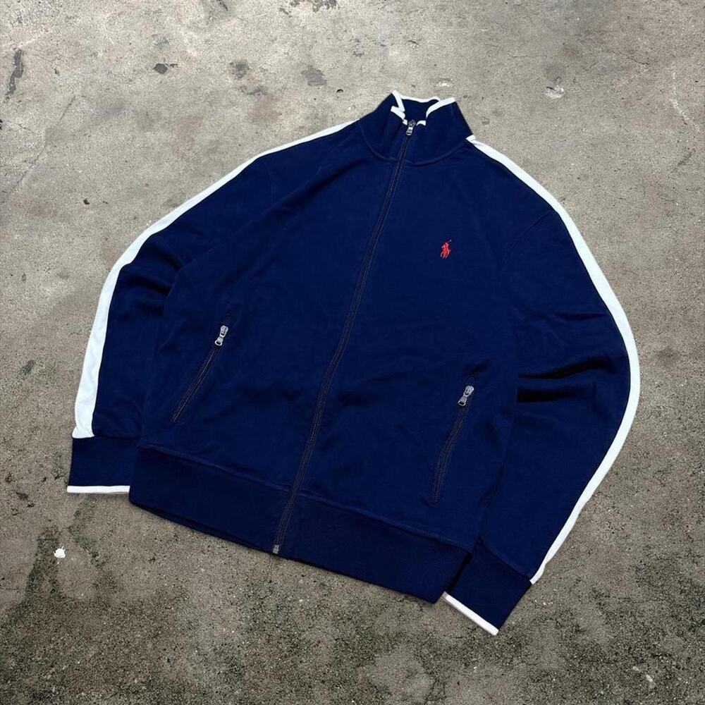 Vintage Polo Ralph Lauren Navy Blue Track Jacket White Racing Stripe Men's L